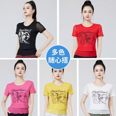 广场舞上衣网纱木耳边下摆印花短袖夏季新款舞蹈服大码圆领T恤