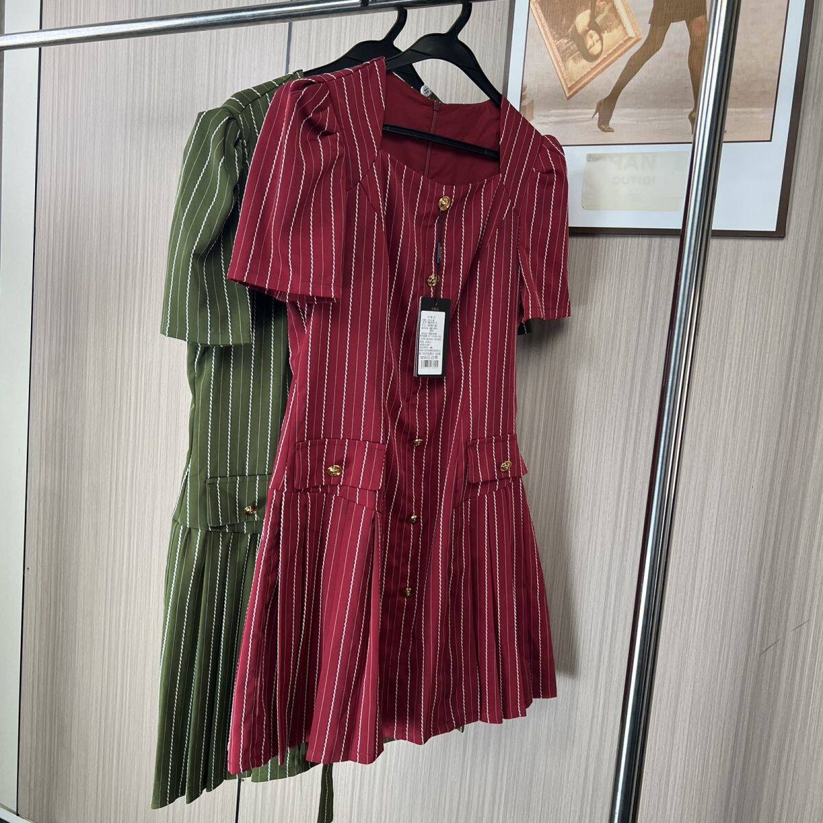 5372品牌撤柜CH夏季新款竖条纹衬衫连衣裙女英伦风短裙修身显瘦