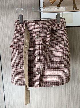 59534撤柜XG千鸟短裙毛呢格子不规则百搭气质半身裙高腰裙子