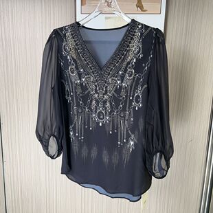 1392品牌撤柜FS夏季新款花色薄款衬衫女V领宽松版上衣小衫薄款
