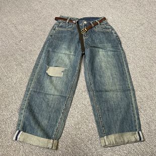 大码 新款 高腰宽松哈伦显瘦九分老爹 秋季 6271撤柜破洞牛仔裤
