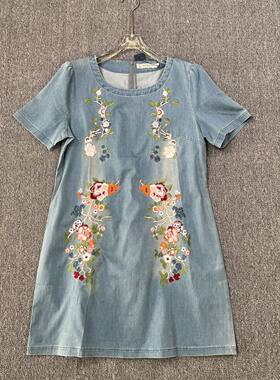 1866品牌撤柜SD夏季新款民族风刺绣水洗短袖牛仔连衣裙女直筒裙