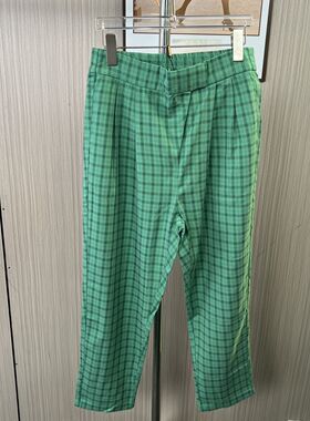 3004撤柜cg大码绿色复古格子休闲裤新款裤子直筒阔腿长裤