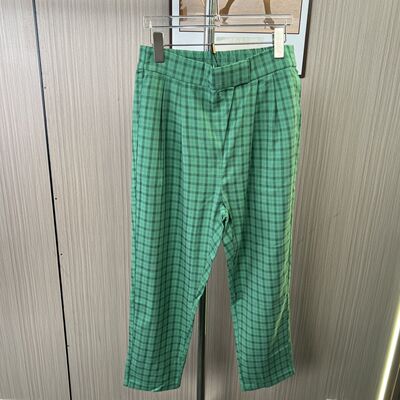 3004撤柜cg大码绿色复古格子休闲裤新款裤子直筒阔腿长裤