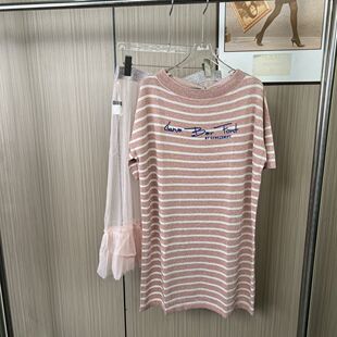 4005撤柜cg短袖夏季新款中长款过膝条纹大码宽松T恤连衣裙套装