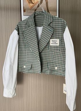 7087深圳南油新款小香风拼接白色长袖外套女短款叠穿小西服