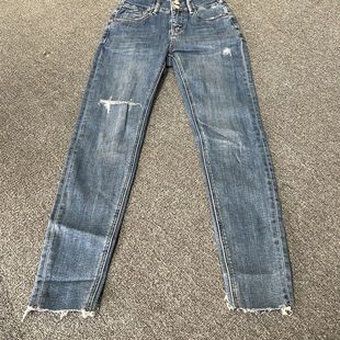1195蓝色破洞牛仔裤显瘦新款高腰韩版春季弹力修身烟管九分小脚裤