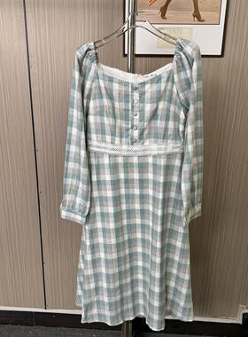 0737撤柜AL法式女装格纹格子连衣裙长袖新款裙子秋季复古气质方领