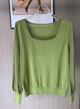 9027撤柜ATU女装方领上衣针织衫春秋季新款毛衣气质显瘦灯笼