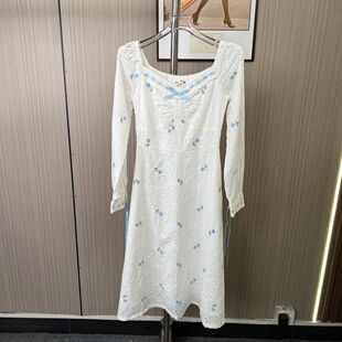 0080撤柜AL法式碎花甜美长袖连衣裙方领新款收腰显瘦气质长裙裙子