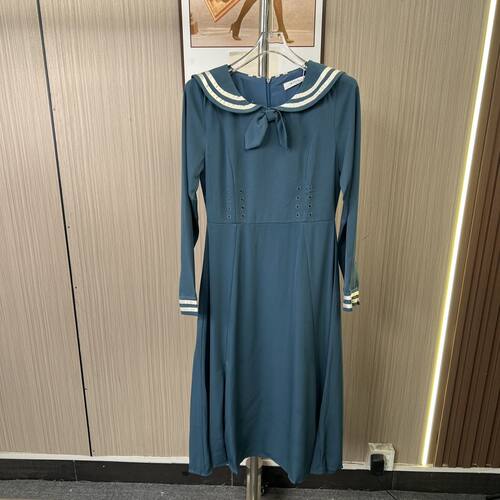 1935撤柜AL新款复古海军蝴蝶结收腰显瘦长裙连衣裙裙子