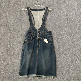 2316品牌撤柜SD春夏款毛边弹力牛仔半身裙女士背带裙子