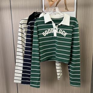 6669撤柜xxq条纹POLO春秋季短款翻领长袖新款打底