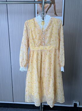 0782撤柜AL气质长袖连衣裙蕾丝新款腰显碎花黄色长裙裙子