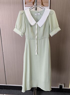 1049撤柜NH设计连衣裙时尚娃娃收腰中长款绿色夏季裙子新款