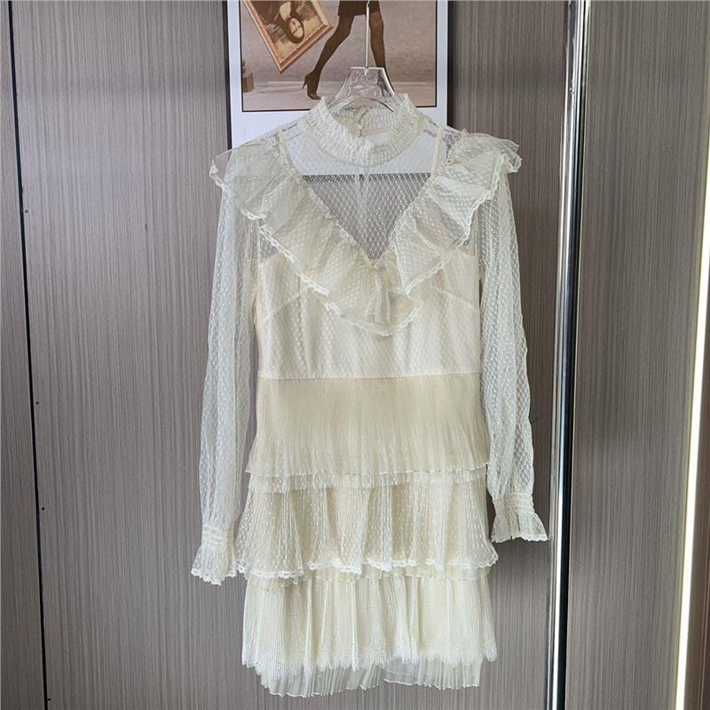 11020撤柜ATU新款荷叶蛋糕网纱拼接长袖法式蕾丝气质连衣裙