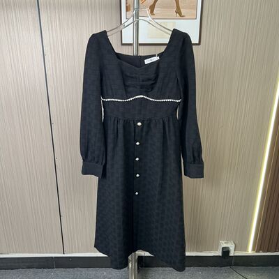 2819撤柜AL气质收腰感长款方领长袖连衣裙礼服长裙