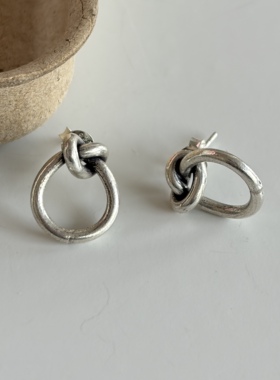 同心结泰国清迈手工做旧复古银耳环女文艺小众设计感925银针耳饰