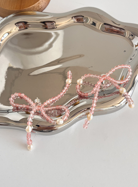 夏季新品粉色蝴蝶结天然粉晶淡水珍珠耳钉极简甜美轻奢高级感耳饰