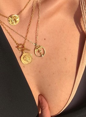 欧美复古希腊金币狮子OT扣项链法式金属毛衣链复古小众吊坠颈饰女