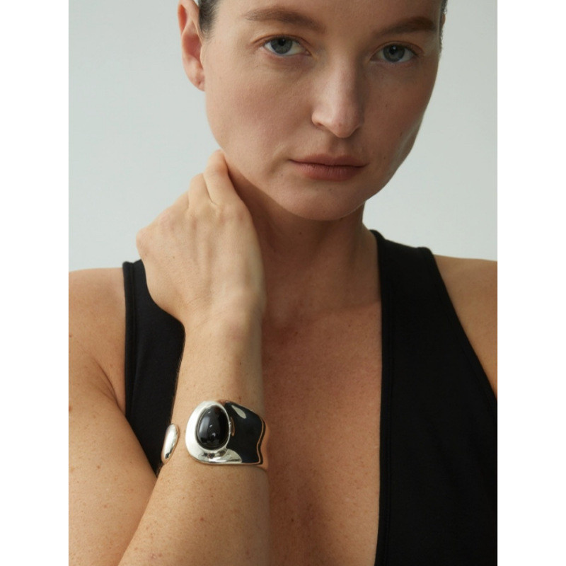 欧美风新款黑色玛瑙开口手镯女时尚个性高级感小众设计气质手环潮