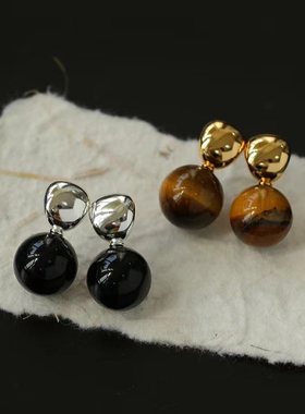 小众设计黑玛瑙虎眼石耳环时尚百搭复古925银针耳钉轻奢高级感耳