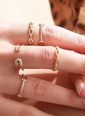 ins链锁锆石戒指女 链条镶钻简约个性百搭叠带欧美小众设计新款潮