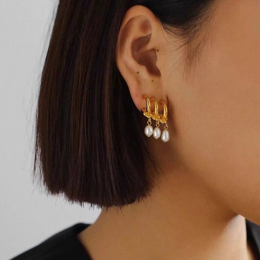 法式复古小众设计高级感三圈天然珍珠吊坠耳钉ins轻奢气质耳环女