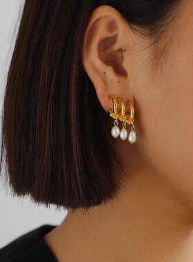 法式复古小众设计高级感三圈天然珍珠吊坠耳钉ins轻奢气质耳环女
