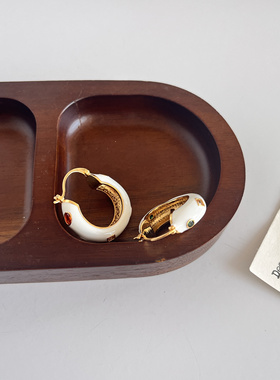 早春新款艺术油画彩绘白色珐琅圆圈耳环女镶嵌几何彩色锆石耳扣