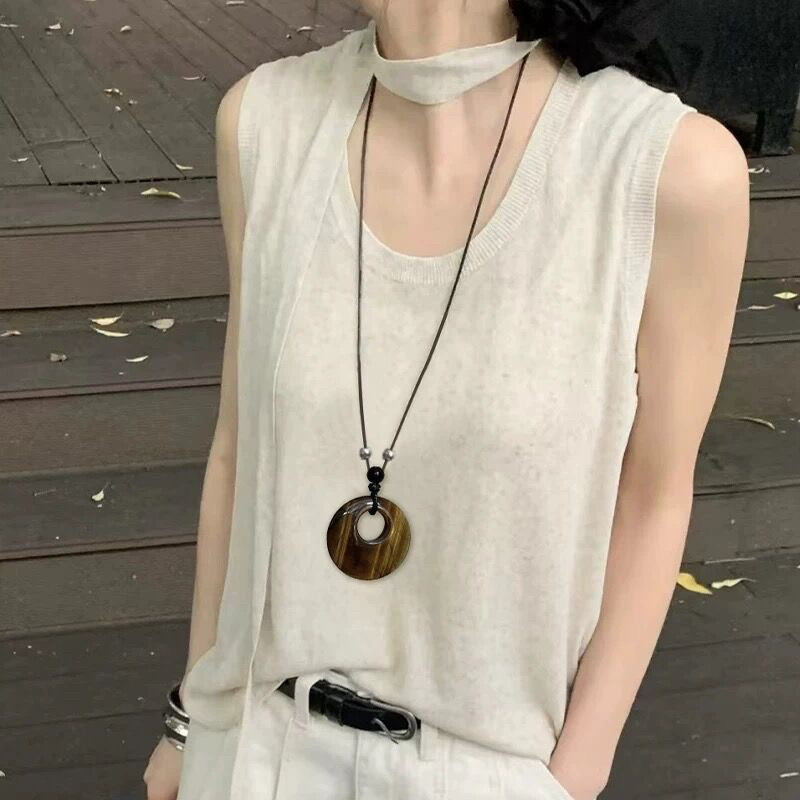 新中式棕色虎眼石吊坠长项链女款小众设计颈链2024新款毛衣链配饰