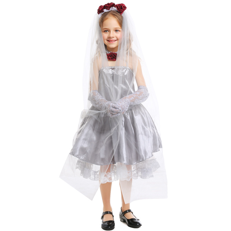 万圣节halloween儿童cosplay鬼新娘银灰色连衣裙化妆舞会礼服表演