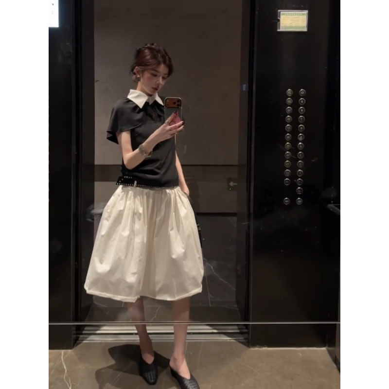 法式黑色白衬衫领子斗篷袖短袖上衣女高腰半身裙套装图片