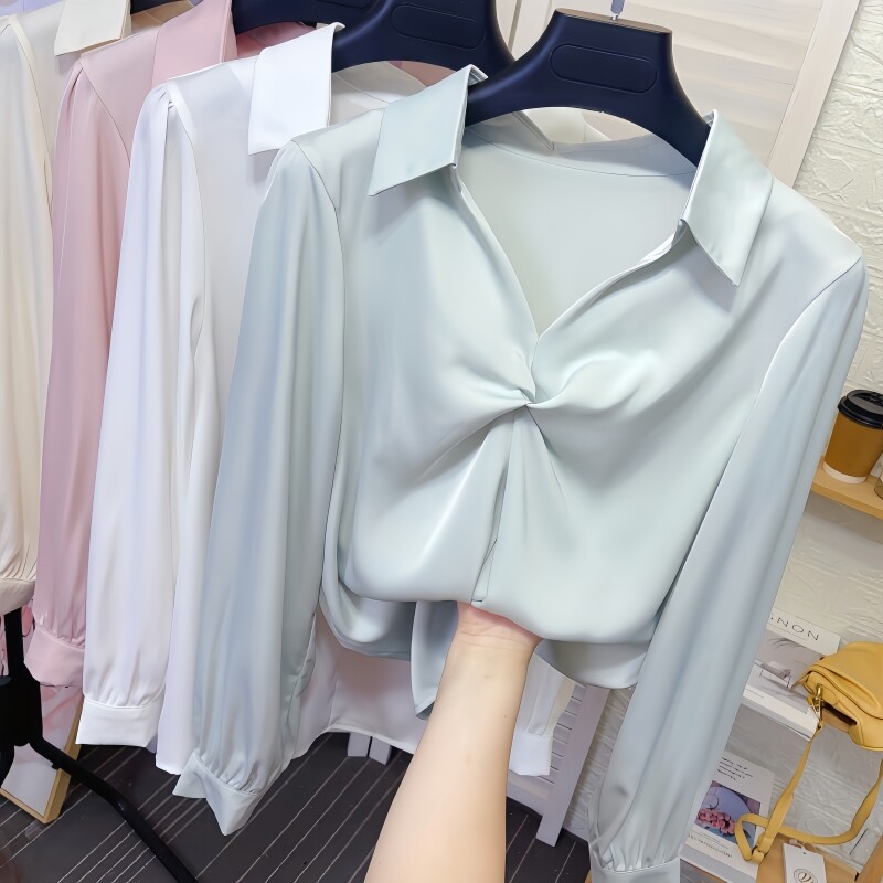 褶皱翻V领醋酸缎面打底衬衫女春秋新款气质宽松长袖雪纺衬衣上衣