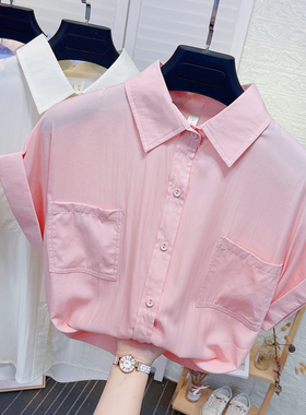 Polo领飞飞袖雪纺衬衫女夏季新款洋气百搭宽松双口袋白色衬衣上衣