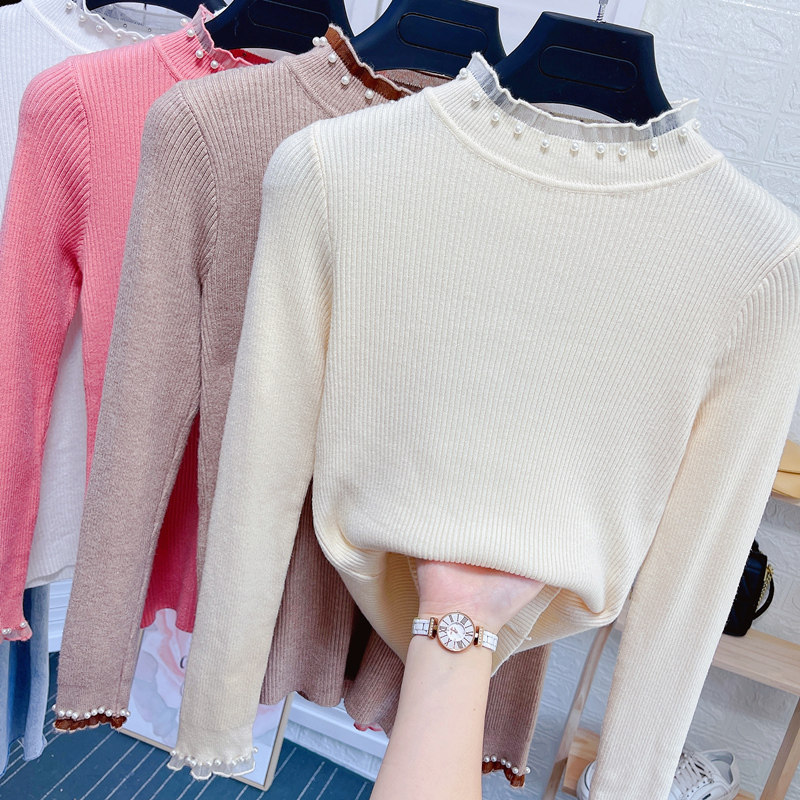 钉珠木耳边半高领长袖针织衫女秋季修身弹力薄款打底毛衣百搭上衣