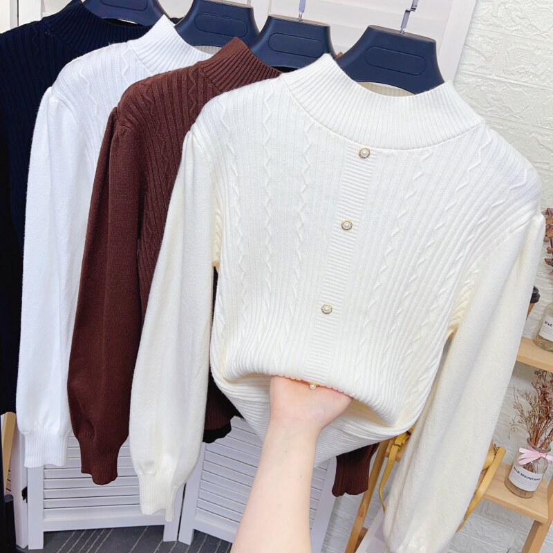 钉珠半高领打底针织衫女装秋冬新款洋气百搭花纹内搭长袖毛衣上衣