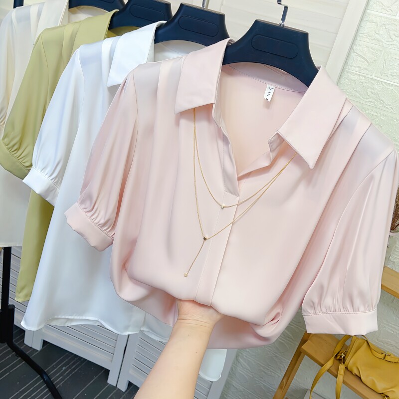 夏季新款设计感项链翻V领短袖雪纺衬衫女醋酸缎面职业工装白衬衣