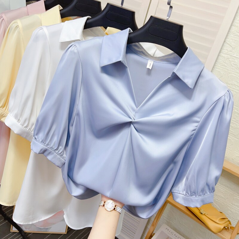 法式翻V领短袖套头雪纺衫女夏季装工装职业醋酸缎面垂感衬衫上衣