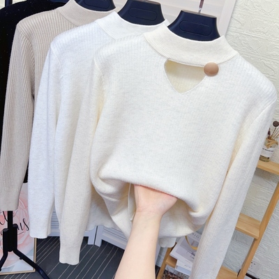 镂空半高领加绒加厚针织打底衫