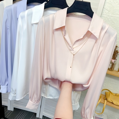 春秋新款醋酸缎面宽松长袖衬衫女