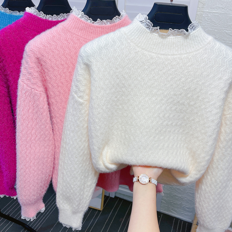 花边半高领水貂绒外穿毛衣女秋冬季新款加厚保暖假两件打底针织衫