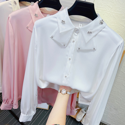 小领结娃娃领长袖醋酸缎面衬衫