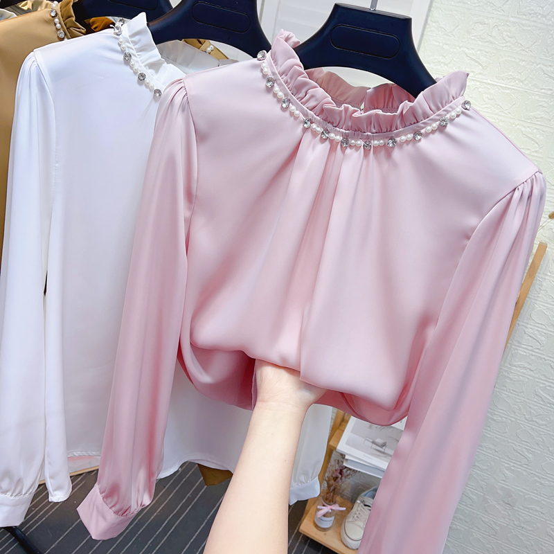 镶钻立领宽松长袖醋酸缎面衬衫