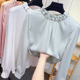 镶钻木耳边立领醋酸缎面宽松衬衫 女春秋季 气质OL真丝打底衬衣上衣