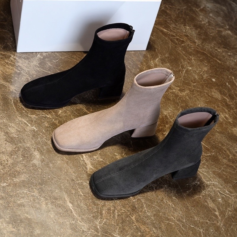 方头瘦瘦靴女2025秋粗跟后拉链绒面弹力短靴网红复古袜靴加绒裸靴,女鞋,时装靴,淘宝优惠券,粉丝福利购,淘宝优惠卷