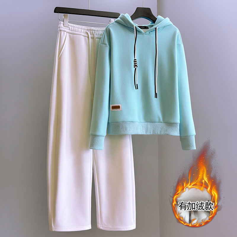 女秋冬新款网红炸街时尚休闲套装蓝色抽绳连帽卫衣阔腿长裤两件套