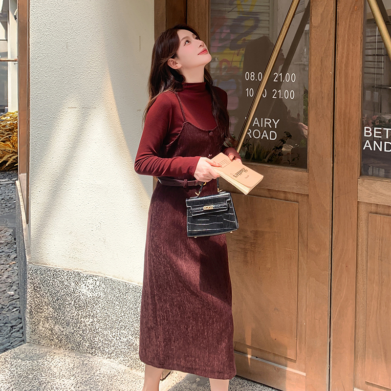 首发现货 秋装新款 连衣裙+针织上衣套装配腰带A19 P155-K208