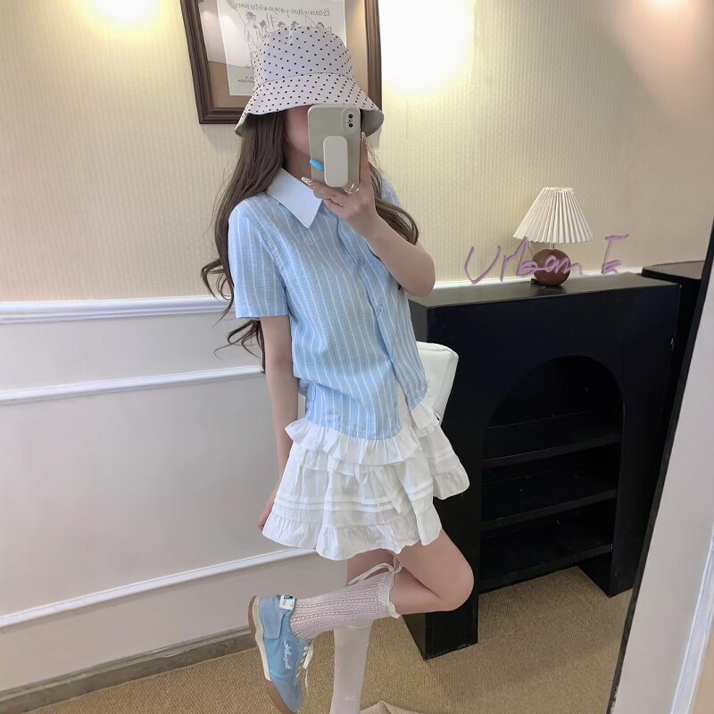 韩系气质休闲运动服套装女夏季假两件条纹短袖衬衫蛋糕短裙两件套