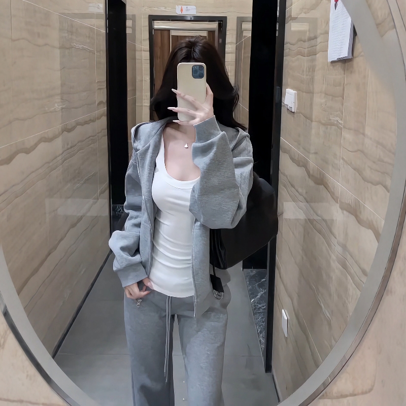 少女感慵懒休闲运动服套装女秋冬美式长袖开衫外套卫衣长裤两件套